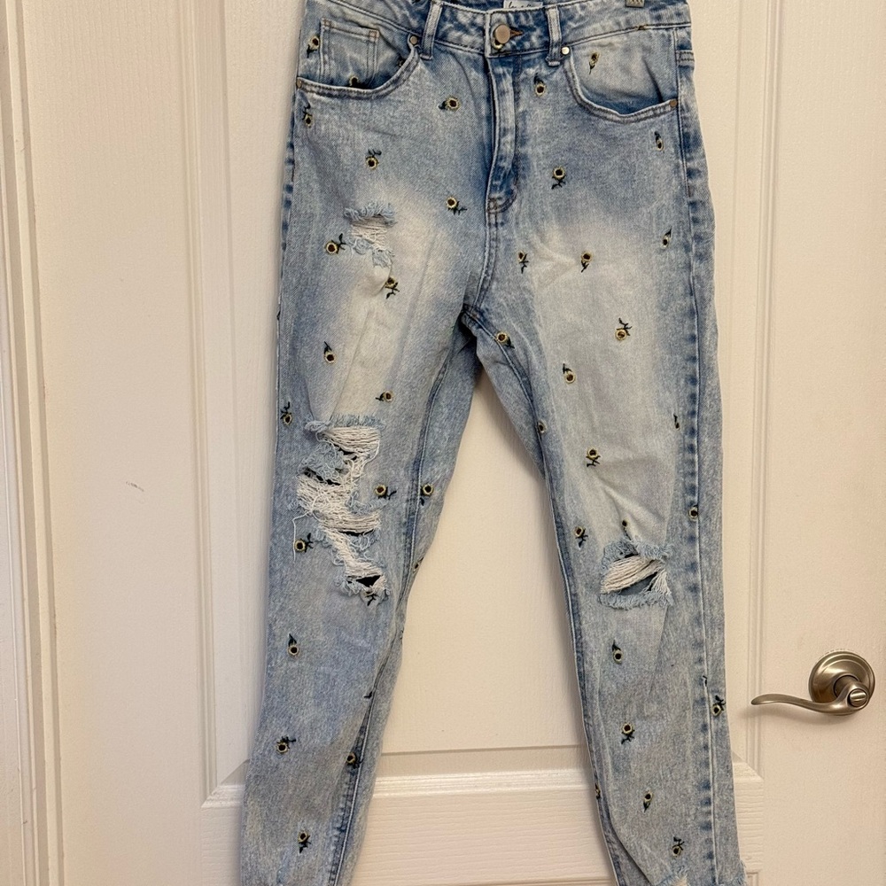 love, Fire Light Blue High Rise Jeans with Sunflower Accents